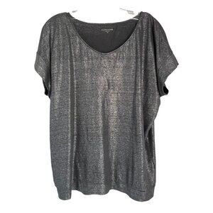 Eileen Fisher Shirt Silver Metallic Linen Shiny Short Sleeve V-Neck XS
